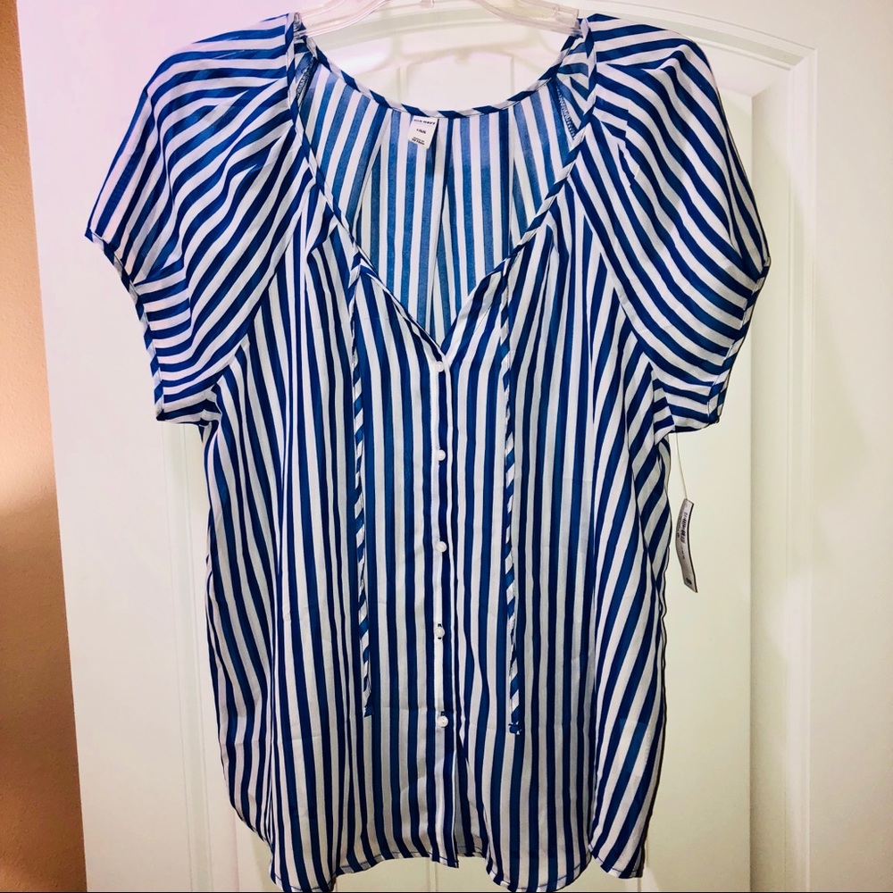 Old Navy Blue and White Striped Sheer Blouse